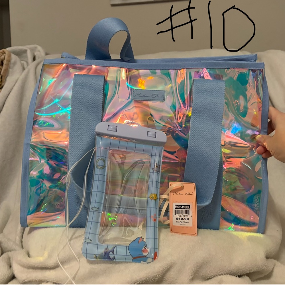 Iridescent Holographic Travel Tote with Light Blue Trim